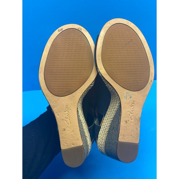 Clarks Navy Leather Cork Wedge Sandals Sz 6.5 Soft Cushion Slingback EU 37 - Picture 3 of 10